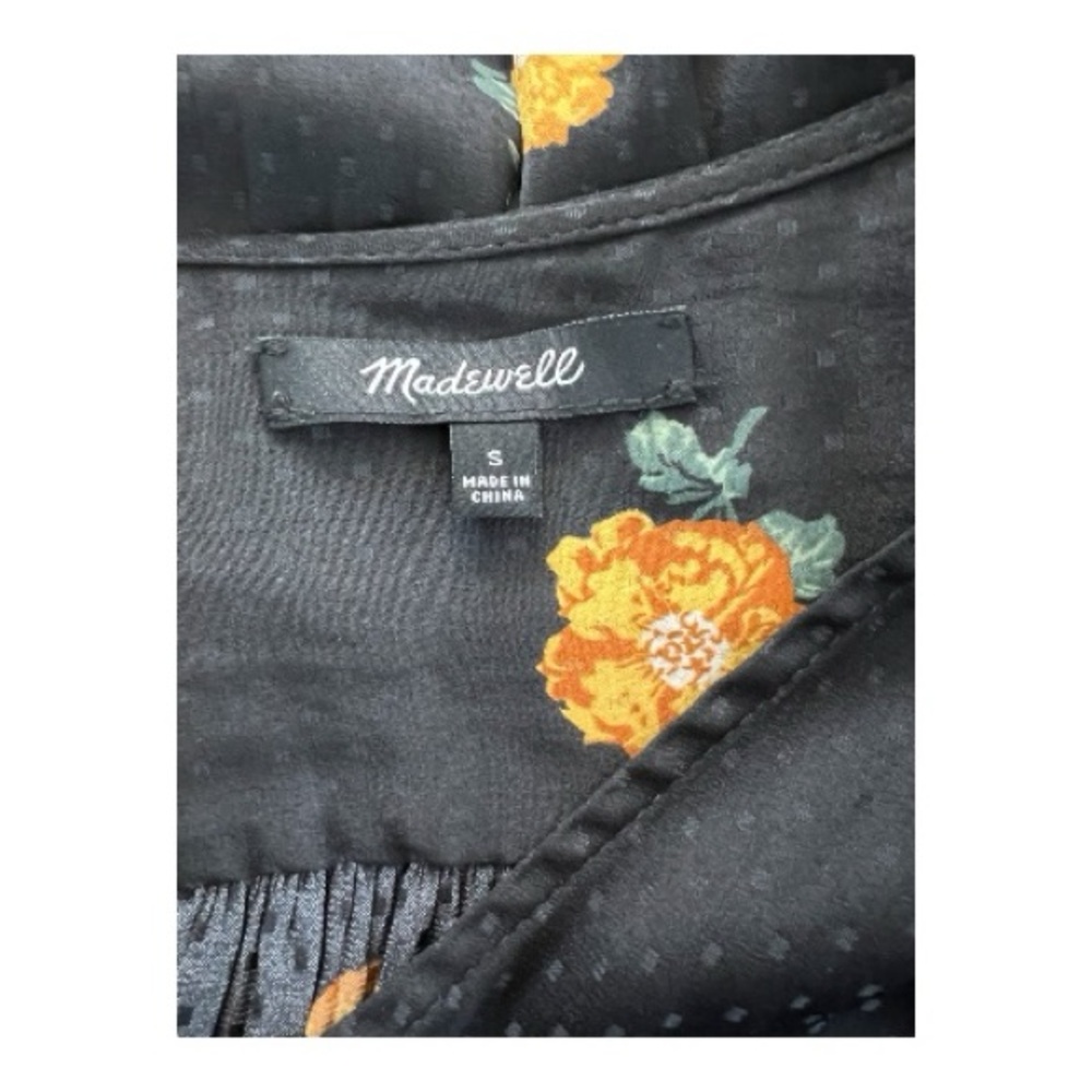 🖤💛 EUC MADEWELL Black & Yellow Floral Short Sleeve Wrap Blouse | Sz S - Picture 8 of 10